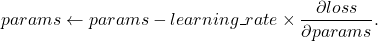 \[ params \leftarrow params - learning\_rate \times \frac{\partial loss}{\partial params}. \]