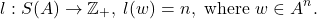 \[ l: S(A) \to \mathbb{Z}_+,\; l(w) = n, \text{ where } w \in A^n. \]