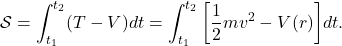 \[ \mathcal{S} = \int_{t_1}^{t_2} (T - V)dt = \int_{t_1}^{t_2} \bigg[\frac 12mv^2 - V(r)\bigg]dt. \]