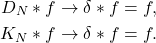 \begin{equation*}\begin{split} D_N * f \to \delta * f &= f, \\ K_N * f \to \delta * f &= f. \end{split}\end{equation*}