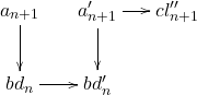 \[ \xymatrix@C=1.4em{ a_{n + 1} \ar[d] & a_{n + 1}' \ar[r] \ar[d] & cl_{n + 1}'' \\ bd_n \ar[r] & bd_n' & {} } \]