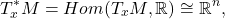 \[ T_x^*M = Hom(T_xM, \mathbb{R}) \cong \mathbb{R}^n, \]