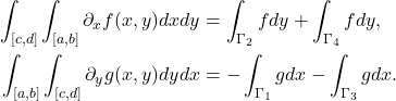 \begin{equation*}\begin{split} \int_{[c, d]}\int_{[a, b]} \partial_xf(x, y)dxdy &= \int_{\Gamma_2} fdy + \int_{\Gamma_4} fdy, \\ \int_{[a, b]}\int_{[c, d]} \partial_yg(x, y)dydx &= -\int_{\Gamma_1} gdx - \int_{\Gamma_3} gdx. \end{split}\end{equation*}