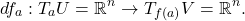 \[ df_a: T_aU = \mathbb{R}^n \to T_{f(a)}V = \mathbb{R}^n. \]