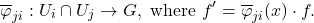 \[ \overline{\varphi}_{ji}: U_i \cap U_j \to G, \text{ where } f' = \overline{\varphi}_{ji}(x) \cdot f. \]