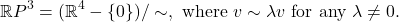 \[ \mathbb{R}P^3 = (\mathbb{R}^4 - \{ 0 \})/\sim, \text{ where } v \sim \lambda v \text{ for any } \lambda \neq 0. \]