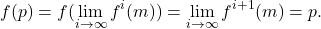 \[ f(p) = f(\lim_{i \to \infty} f^i(m)) = \lim_{i \to \infty} f^{i + 1}(m) = p. \]