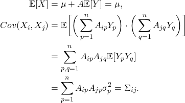 \begin{equation*}\begin{split} \mathbb{E}[X] &= \mu + A\mathbb{E}[Y] = \mu, \\ Cov(X_i, X_j) &= \mathbb{E}\bigg[\bigg(\sum_{p = 1}^n A_{ip}Y_p\bigg) \cdot \bigg(\sum_{q = 1}^n A_{jq}Y_q\bigg)\bigg] \\ &= \sum_{p, q = 1}^n A_{ip}A_{jq}\mathbb{E}[Y_pY_q] \\ &= \sum_{p = 1}^n A_{ip}A_{jp}\sigma_p^2 = \Sigma_{ij}. \end{split}\end{equation*}