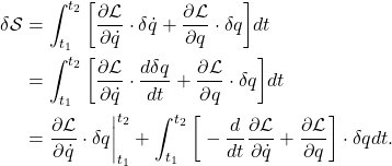 \begin{equation*}\begin{split} \delta\mathcal{S} &= \int_{t_1}^{t_2} \bigg[\frac{\partial\mathcal{L}}{\partial\dot{q}} \cdot \delta \dot{q} + \frac{\partial\mathcal{L}}{\partial q} \cdot \delta q\bigg]dt \\ &= \int_{t_1}^{t_2} \bigg[\frac{\partial\mathcal{L}}{\partial\dot{q}} \cdot \frac{d\delta q}{dt} + \frac{\partial\mathcal{L}}{\partial q} \cdot \delta q\bigg]dt \\ &= \frac{\partial\mathcal{L}}{\partial\dot{q}} \cdot \delta q \bigg|_{t_1}^{t_2} + \int_{t_1}^{t_2} \bigg[-\frac{d}{dt}\frac{\partial\mathcal{L}}{\partial\dot{q}} + \frac{\partial\mathcal{L}}{\partial q}\bigg] \cdot \delta qdt. \end{split}\end{equation*}