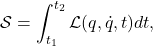 \[ \mathcal{S} = \int_{t_1}^{t_2} \mathcal{L}(q, \dot{q}, t)dt, \]