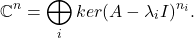 \[ \mathbb{C}^n = \bigoplus_i ker(A - \lambda_iI)^{n_i}. \]