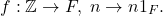 \[ f: \mathbb{Z} \to F,\; n \to n1_F. \]