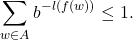 \[ \sum_{w \in A} b^{-l(f(w))} \leq 1. \]