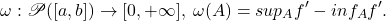 \[ \omega: \mathscr{P}([a, b]) \to [0, +\infty],\; \omega(A) = sup_A f' - inf_Af'. \]