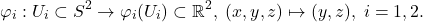 \[ \varphi_i: U_i \subset S^2 \to \varphi_i(U_i) \subset \mathbb{R}^2,\; (x, y, z) \mapsto (y, z),\; i = 1, 2. \]