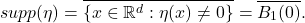 \[ supp(\eta) = \overline{\{ x \in \mathbb{R}^d : \eta(x) \neq 0 \}} = \overline{B_1(0)}. \]