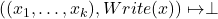 ((x_1, \ldots, x_k), Write(x)) \mapsto \perp