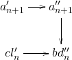 \[ \xymatrix@C=1.4em{ a_{n + 1}' \ar[r] & a_{n + 1}'' \ar[d] \\ cl_n' \ar[r] & bd_n'' } \]