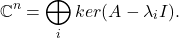 \[ \mathbb{C}^n = \bigoplus_i ker(A - \lambda_iI). \]