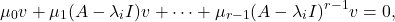 \[ \mu_0v + \mu_1(A - \lambda_iI)v + \cdots + \mu_{r - 1}(A - \lambda_iI)^{r - 1}v = 0, \]