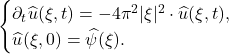 \begin{equation*}\begin{cases}  \partial_t\widehat{u}(\xi, t) = -4\pi^2|\xi|^2 \cdot \widehat{u}(\xi, t), \\ \widehat{u}(\xi, 0) = \widehat{\psi}(\xi).  \end{cases}\end{equation*}