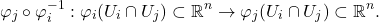 \[ \varphi_j \circ \varphi_i^{-1}: \varphi_i(U_i \cap U_j) \subset \mathbb{R}^n \to \varphi_j(U_i \cap U_j) \subset \mathbb{R}^n. \]