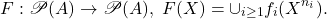 \[ F: \mathscr{P}(A) \to \mathscr{P}(A),\; F(X) = \cup_{i \geq 1} f_i(X^{n_i}). \]