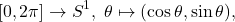 \[ [0, 2\pi] \to S^1,\; \theta \mapsto (\cos\theta, \sin\theta), \]