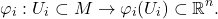 \[ \varphi_i: U_i \subset M \to \varphi_i(U_i) \subset \mathbb{R}^n. \]