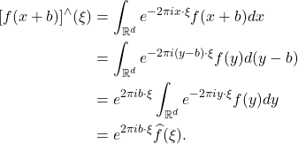 \begin{equation*}\begin{split}  [f(x + b)]^\wedge(\xi) &= \int_{\mathbb{R}^d} e^{-2\pi ix \cdot \xi}f(x + b)dx \\ &= \int_{\mathbb{R}^d} e^{-2\pi i(y - b) \cdot \xi}f(y)d(y - b) \\ &= e^{2\pi ib \cdot \xi}\int_{\mathbb{R}^d} e^{-2\pi iy \cdot \xi}f(y)dy \\ &= e^{2\pi ib \cdot \xi}\widehat{f}(\xi).  \end{split}\end{equation*}