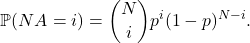 \[ \mathbb{P}(NA = i) = \binom{N}{i}p^i(1 - p)^{N - i}. \]