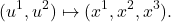 \[ (u^1, u^2) \mapsto (x^1, x^2, x^3). \]