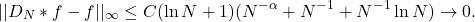 \[ ||D_N * f - f||_\infty \leq C(\ln N + 1)(N^{-\alpha} + N^{-1} + N^{-1}\ln N) \to 0. \]