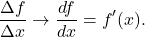 \[ \frac{\Delta f}{\Delta x} \to \frac{df}{dx} = f'(x). \]